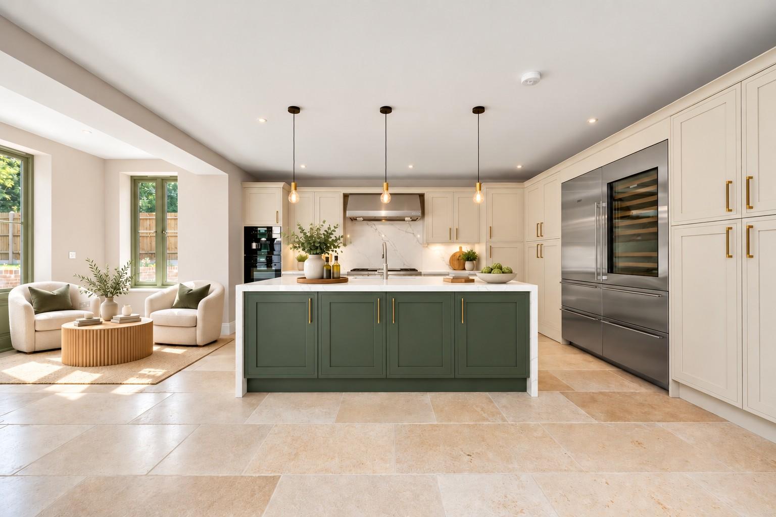 Digitally dressed kitchen showing island at Albury, Woods End