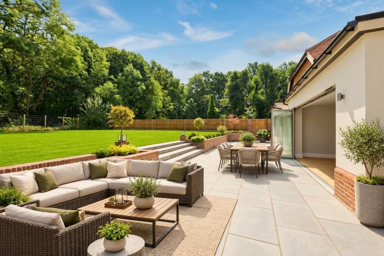 Digitally dressed patio and garden at Albury, Woods End